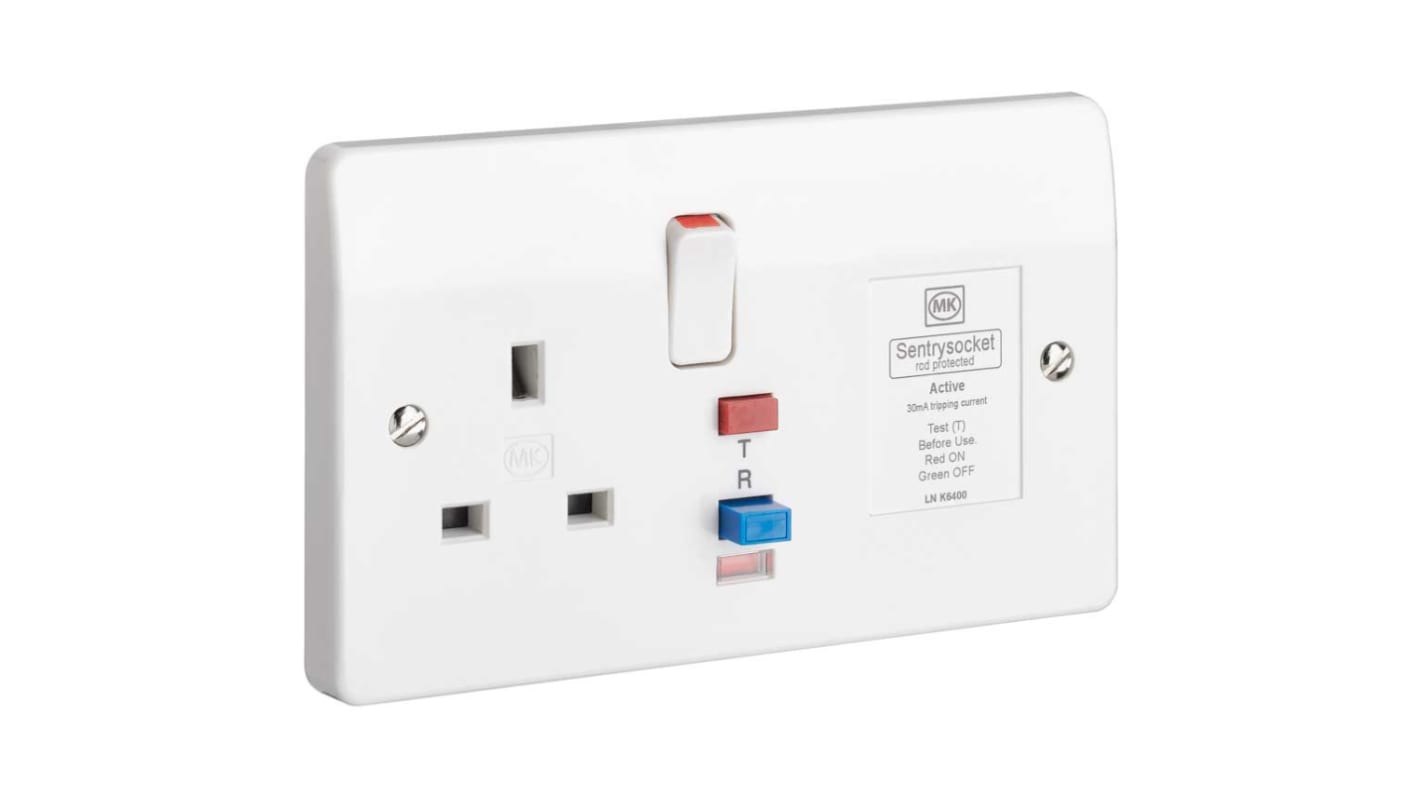 MK Electric Logic Plus 13A, BS Fixing, Active, Single Gang RCD Socket, Flush Mount , Switched, IP2XD, 240 V ac, White