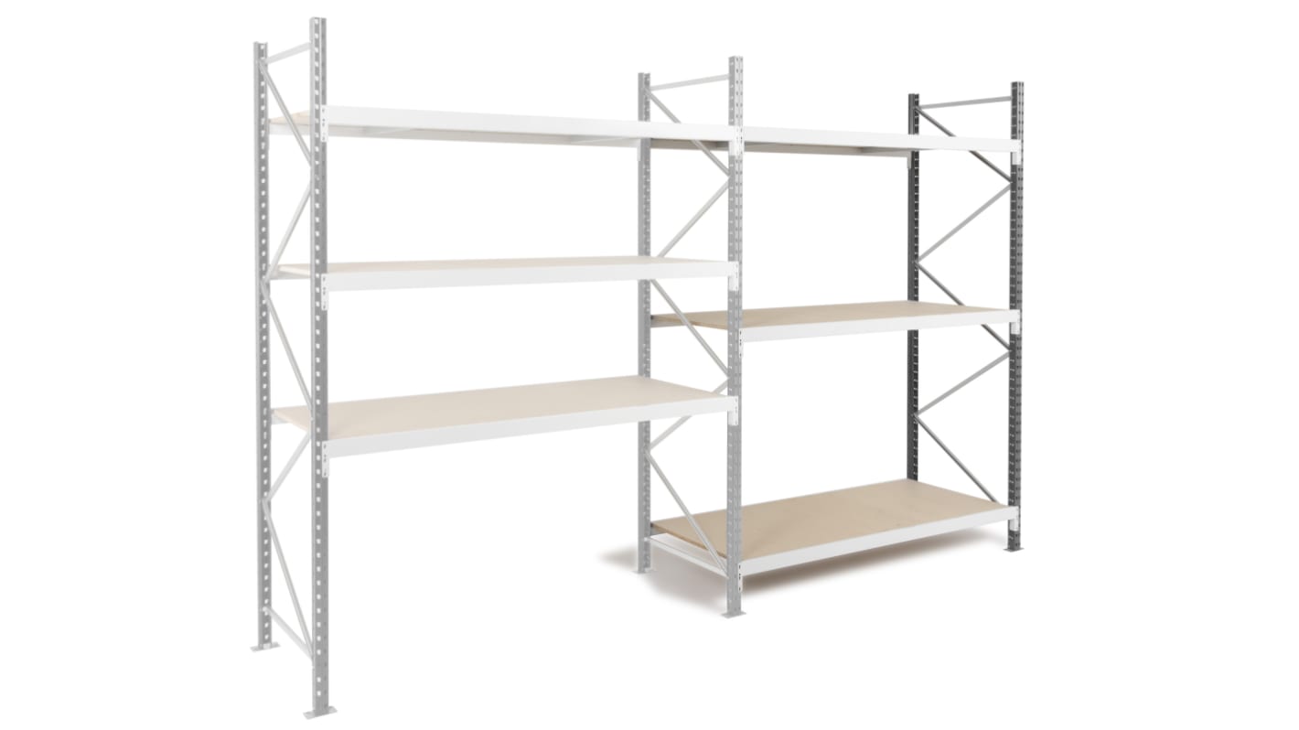 Manorga RAL 7035 Light Grey 4 Shelf Chipboard, Galvanised Steel Modular Shelving Extension Bay, 2500mm x 1800mm, 800mm,