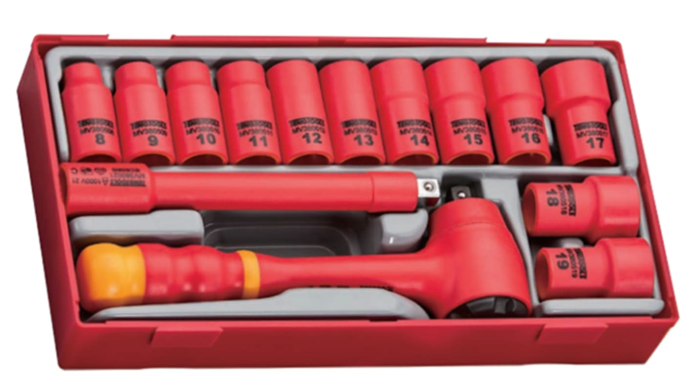 Teng Tools 14-Piece Metric 3/8 in Standard Socket Set with Ratchet, 6 point, VDE/1000V