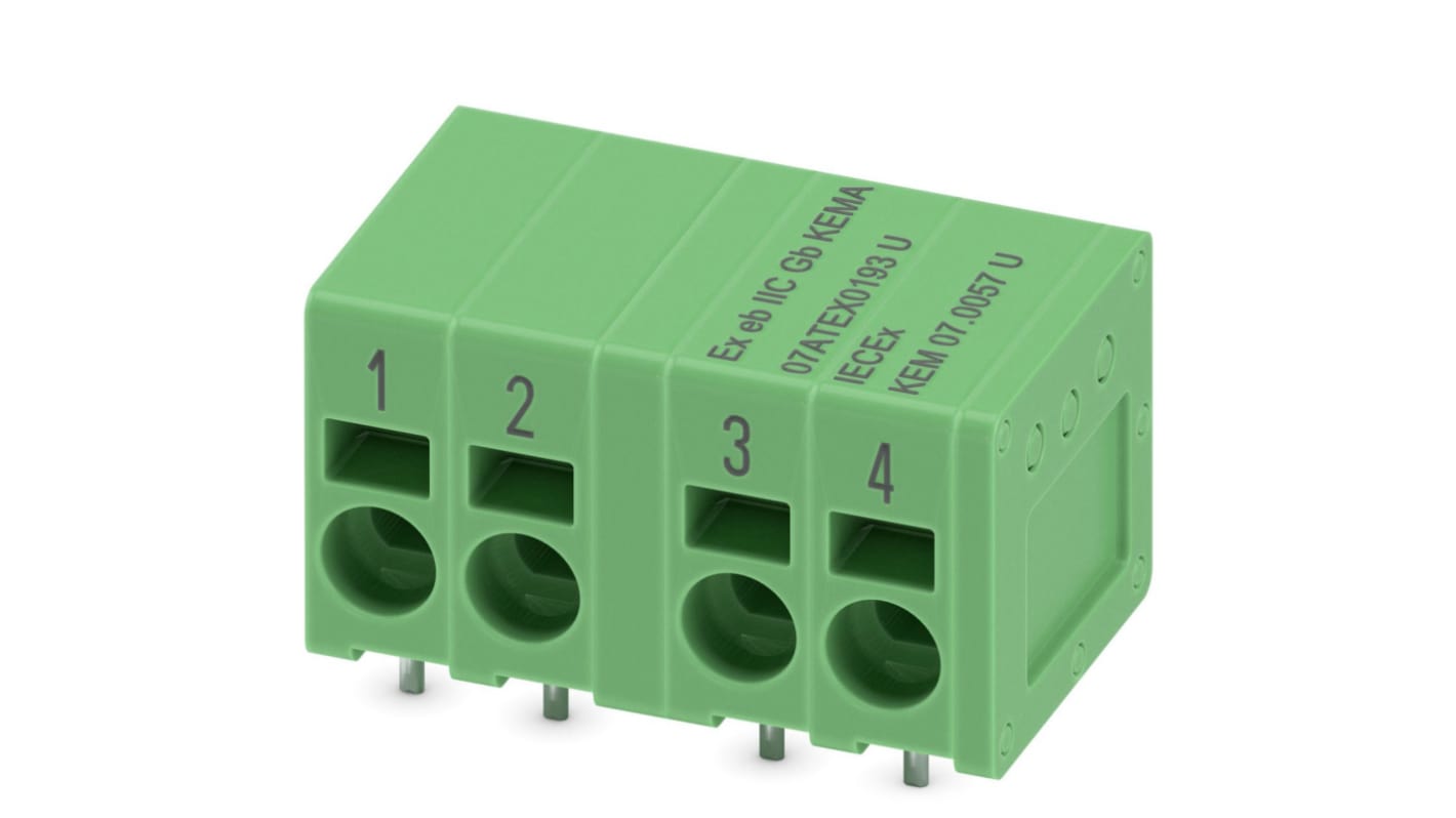 Phoenix Contact 5/ 4-H-EX PROFINET 1, SPT 2 Series PCB Terminal Block, 4-Contact, 5mm Pitch, PCB Mount, 1-Row, PCB