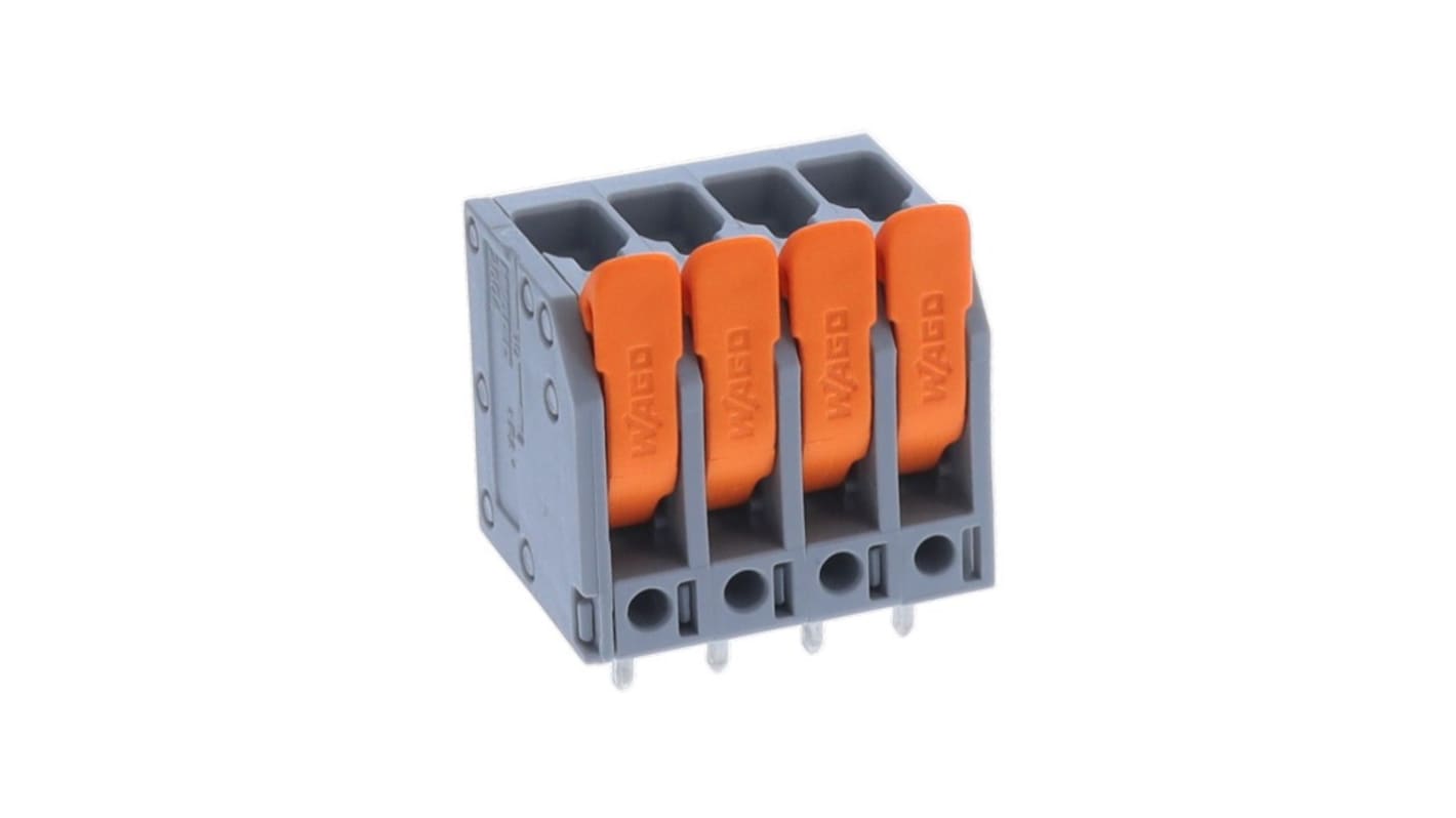 WAGO 2604 Series PCB Terminal, 4-Contact, 5mm Pitch, Through Hole Mount, 1-Row, Cage Clamp Termination