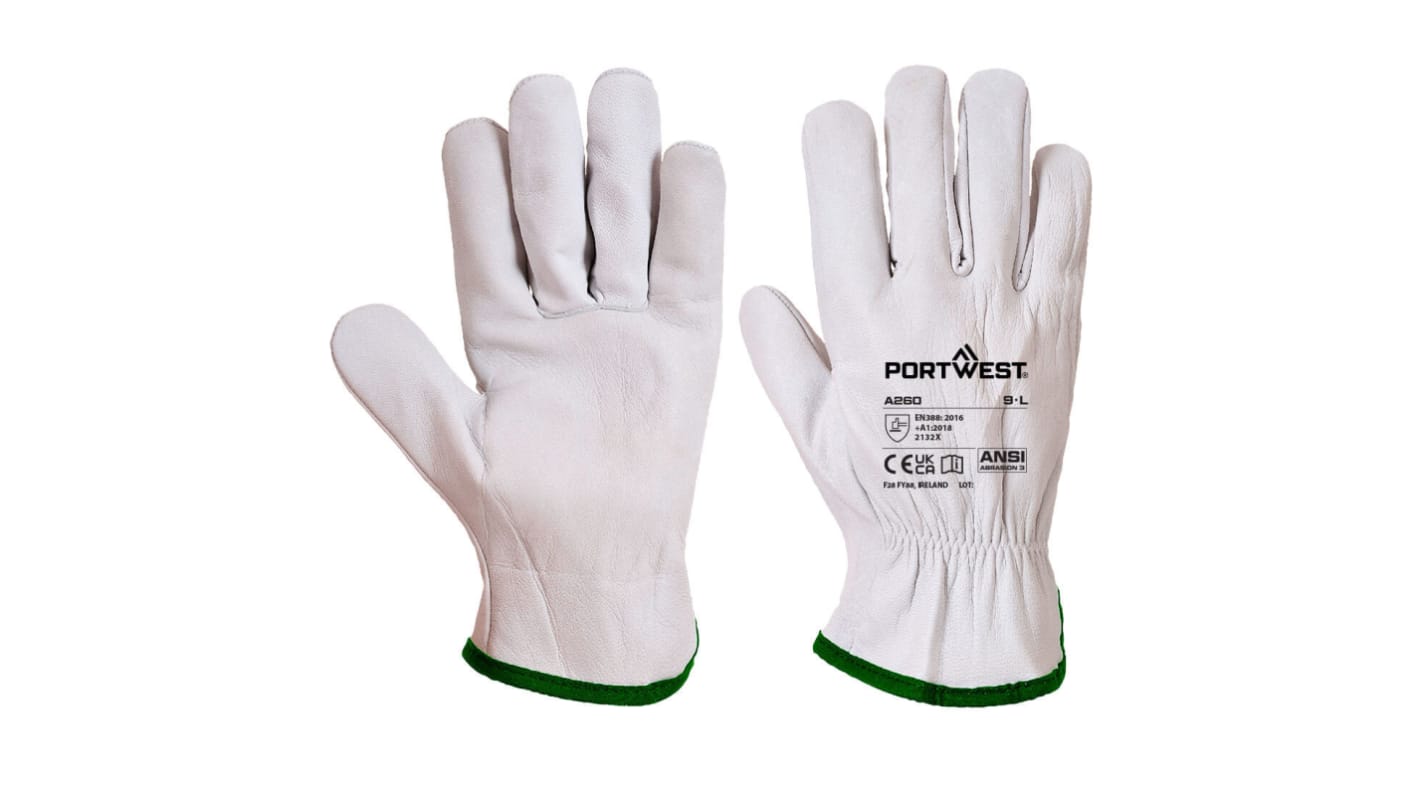 Portwest White Leather Construction Gloves, Size 9