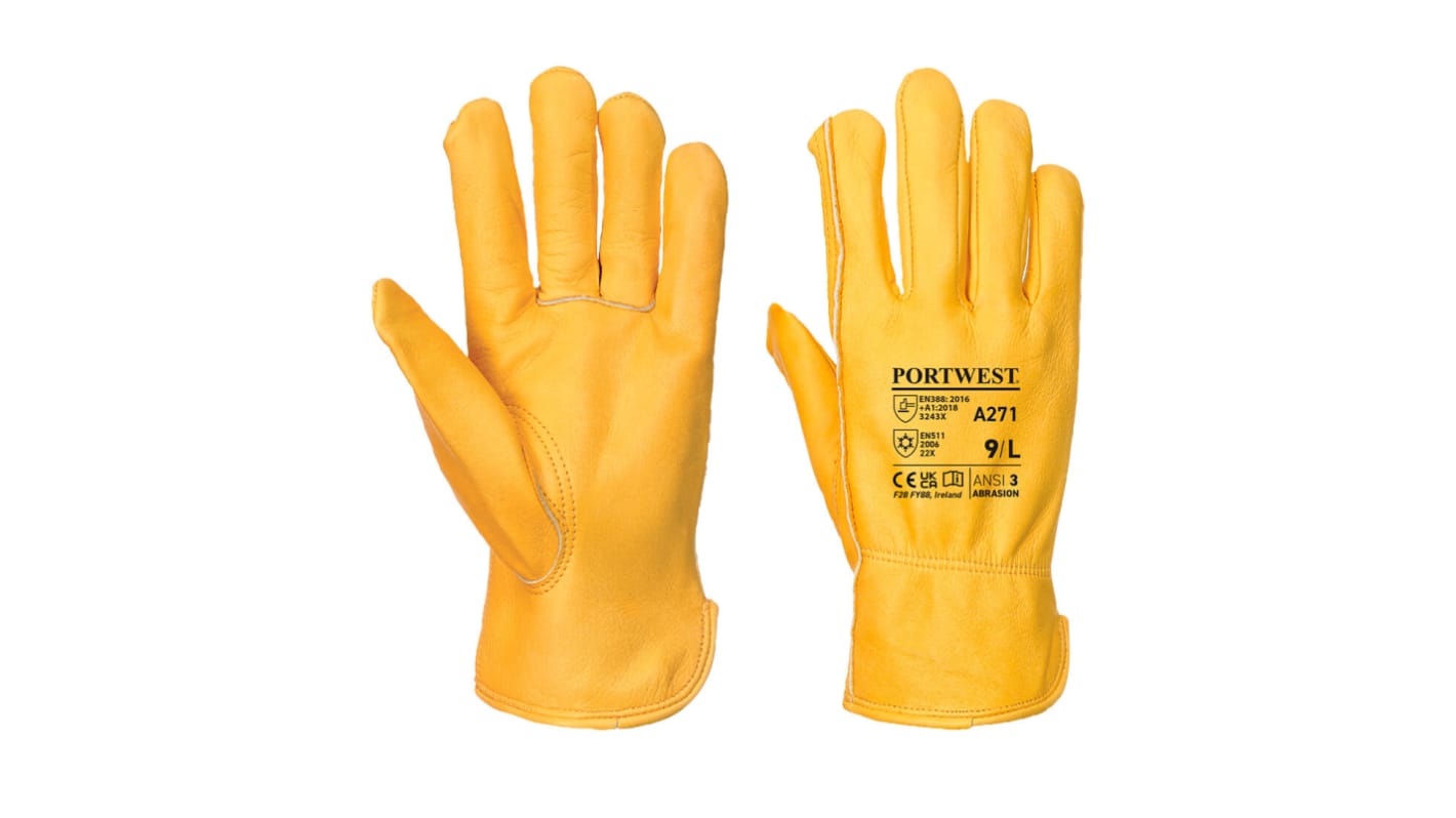 Portwest A271 Yellow Leather Construction Gloves, Size 9