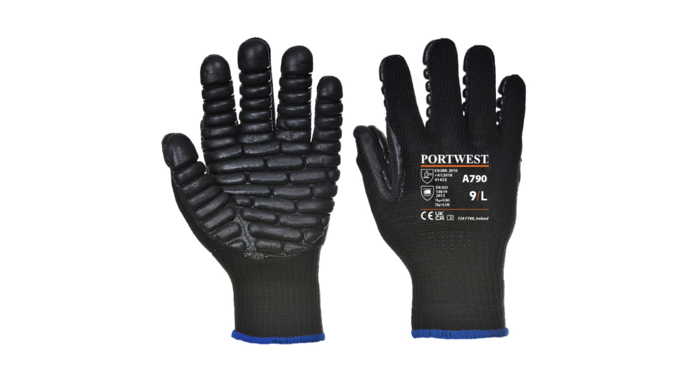 Portwest Black Latex Anti-Vibration Gloves, Size 10, Latex Coating