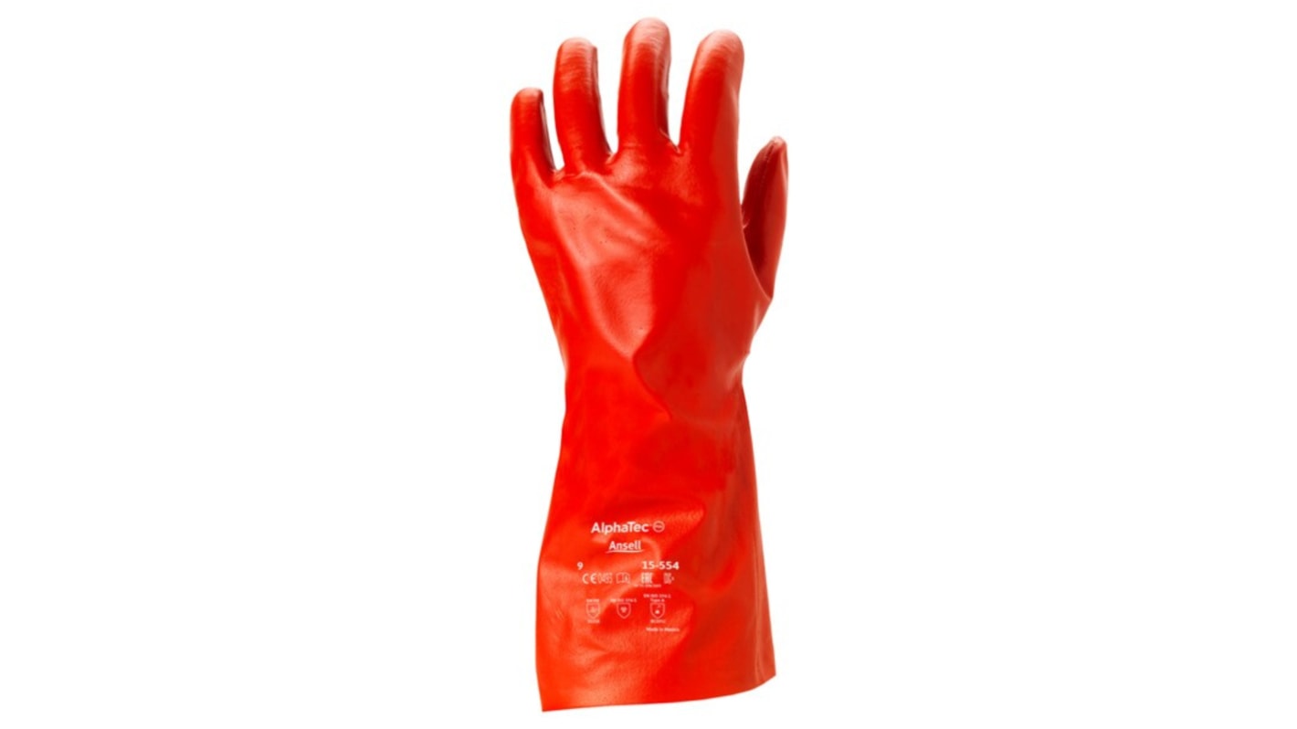 Ansell AlphaTec 15-554 Red PVC Chemical Resistant Work Gloves, Size 9, PVC Coating