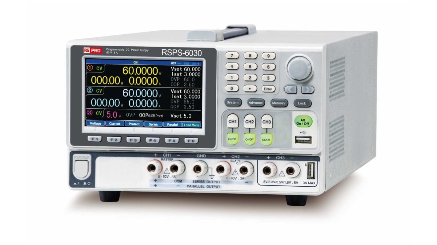 Alimentatore da banco RS PRO RSPS-6030, 3 uscite, 0 → 60V, 3A, 385W