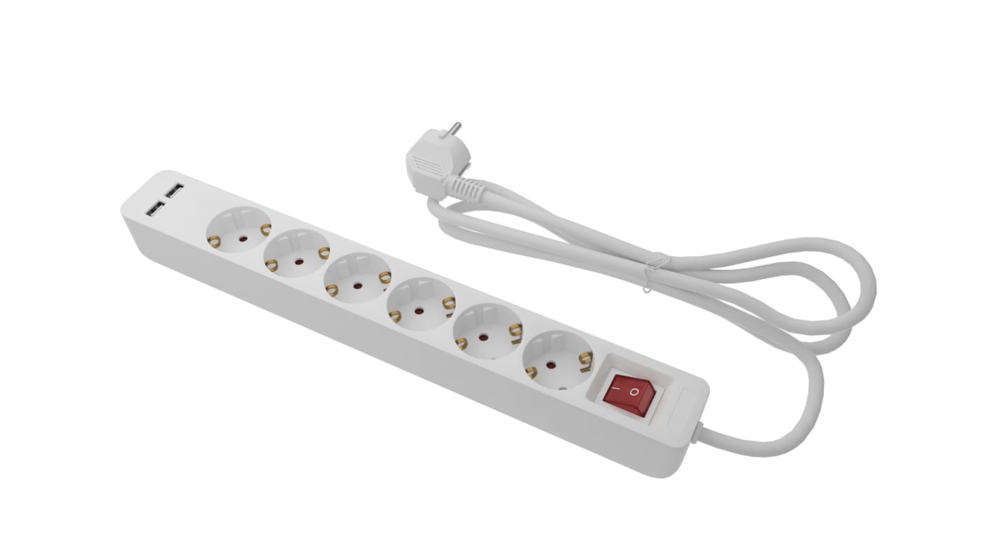 RS PRO Hosszabbító vezeték, 1.5m, 6 csatlakozó , F típusú – német Schuko, 16A, 250 V, IP20