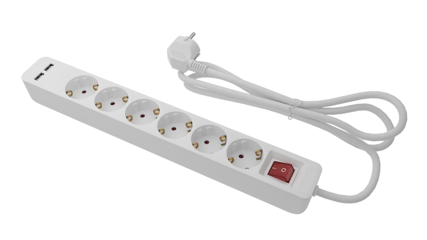 RS PRO 5m 6 Socket Type F - German Schuko Extension Lead, 250 V, IP20