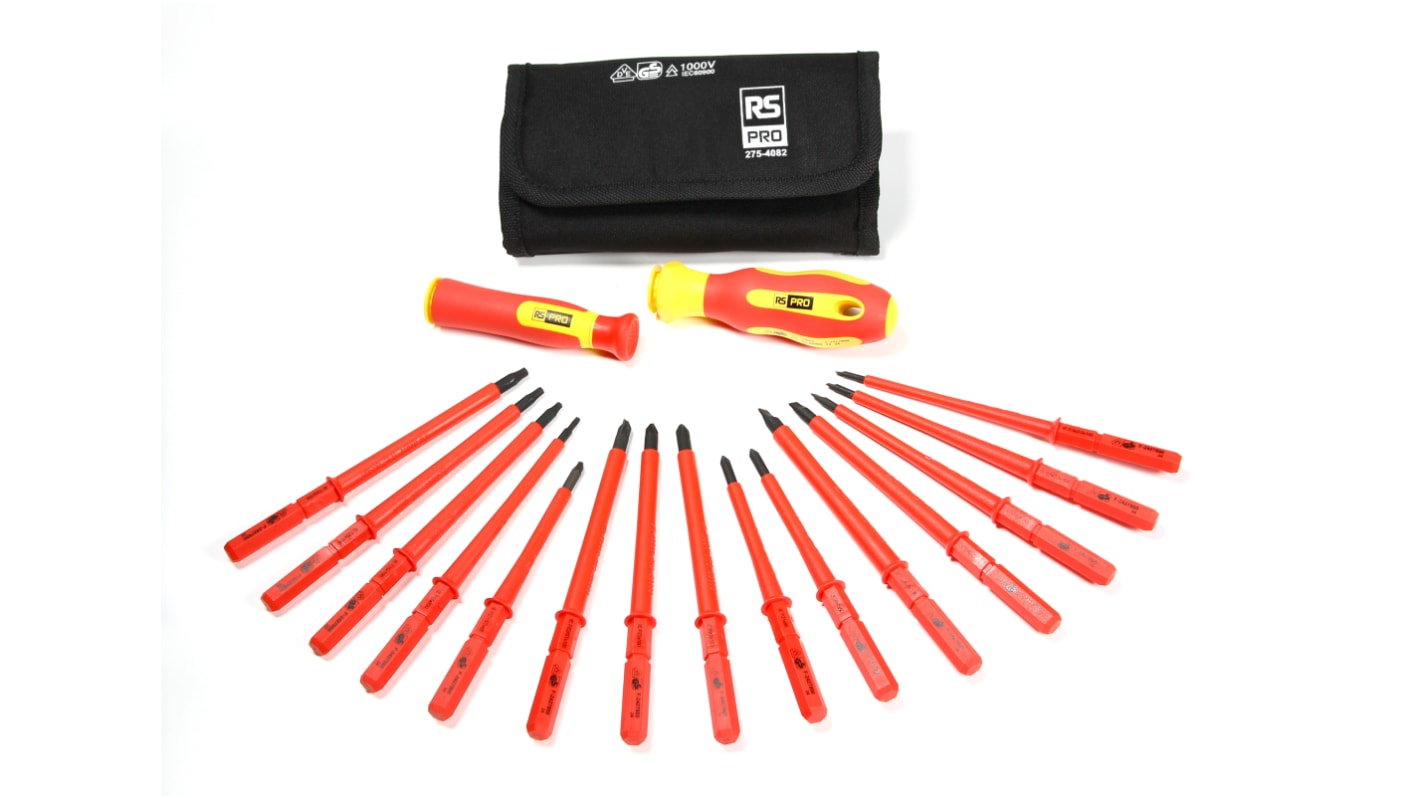 RS PRO Auswechselbarer isolierter Schraubendrehersatz, 17-teilig Schlitz, PHILLIPS®, POZIDRIV®, TORX®