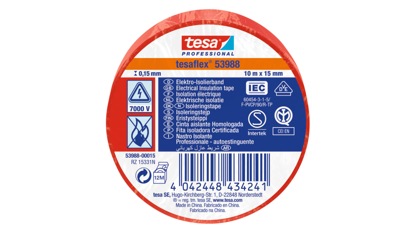 Tesa 53988 Red Soft PVC Electrical Insulation Tape, 15mm x 10m