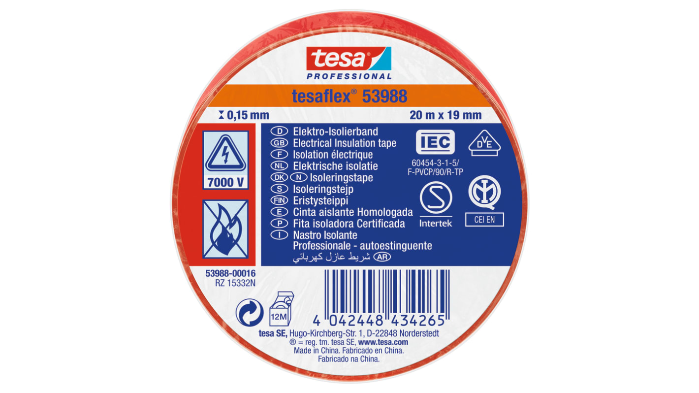 Tesa 53988 Red Soft PVC Electrical Insulation Tape, 19mm x 20m