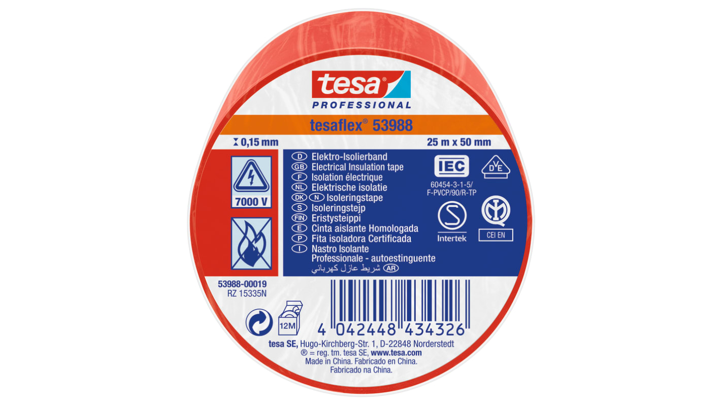 Tesa 53988 Red Soft PVC Electrical Insulation Tape, 50mm x 25m