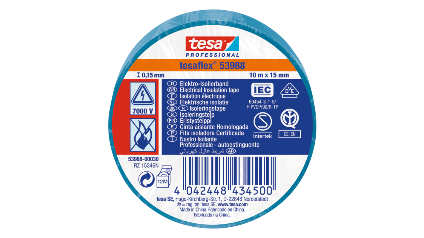 Tesa 53988 Blue Soft PVC Electrical Insulation Tape, 15mm x 10m