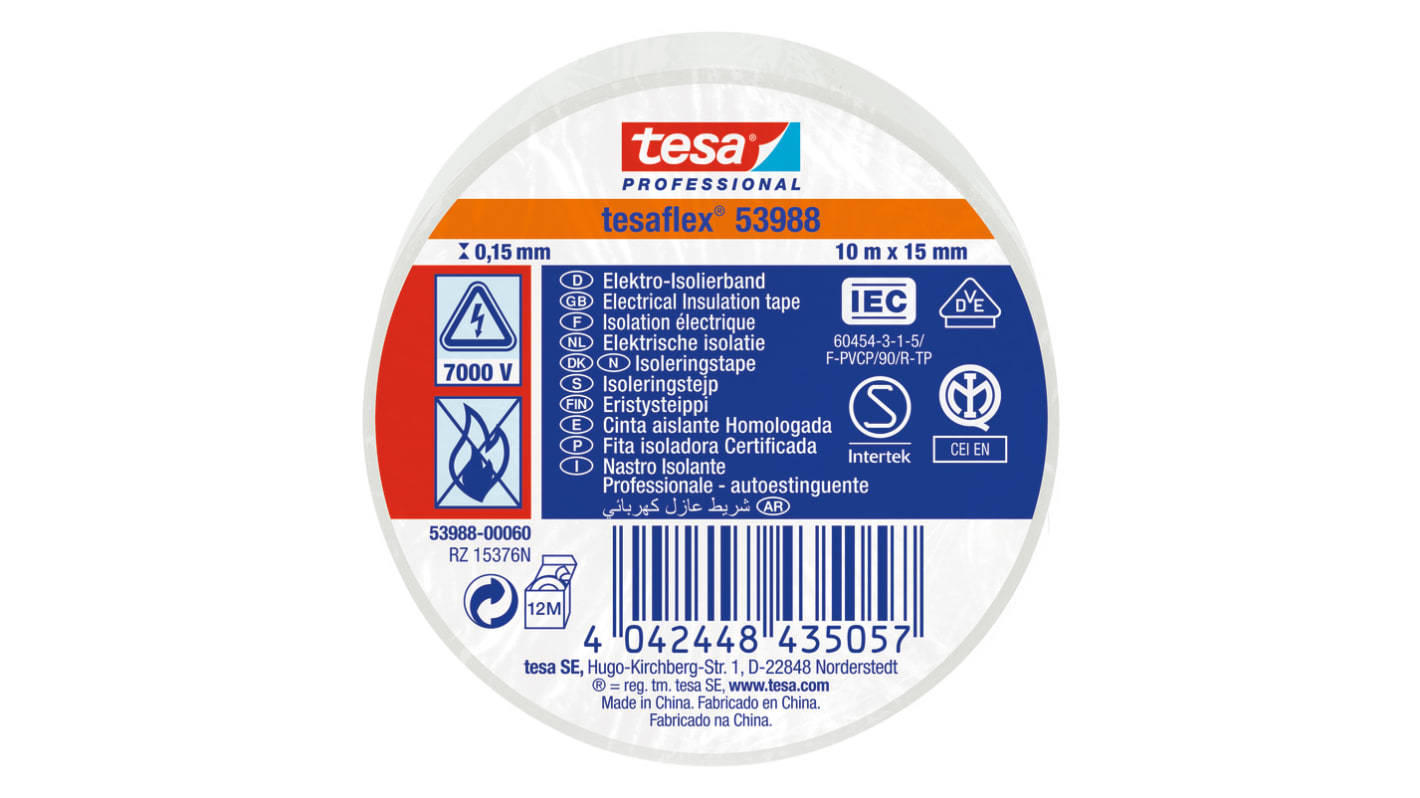 Tesa 53988 White Soft PVC Electrical Insulation Tape, 15mm x 10m