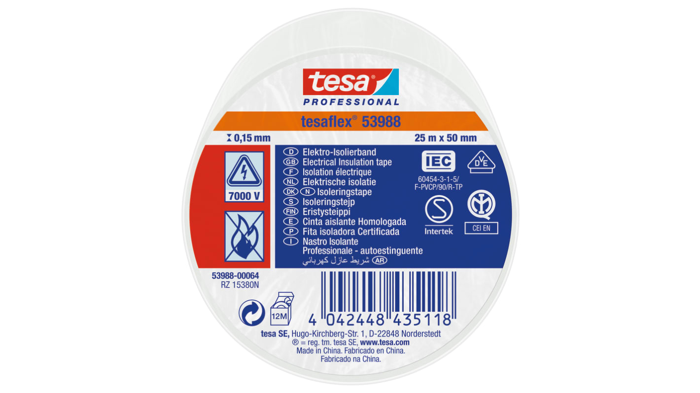 Tesa 53988 White Soft PVC Electrical Insulation Tape, 50mm x 25m