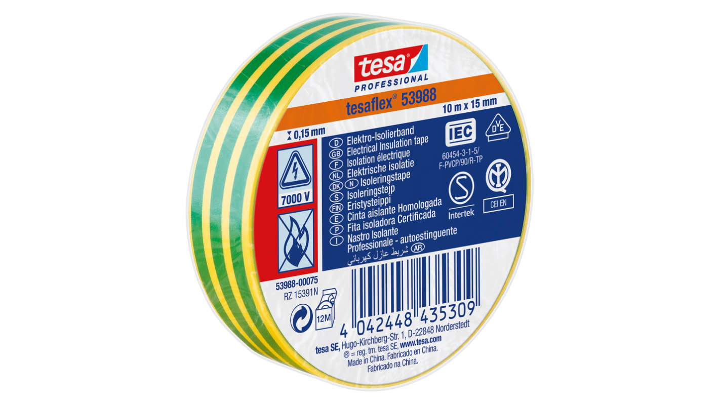 Tesa 53988 Green, Yellow Soft PVC Electrical Insulation Tape, 15mm x 10m