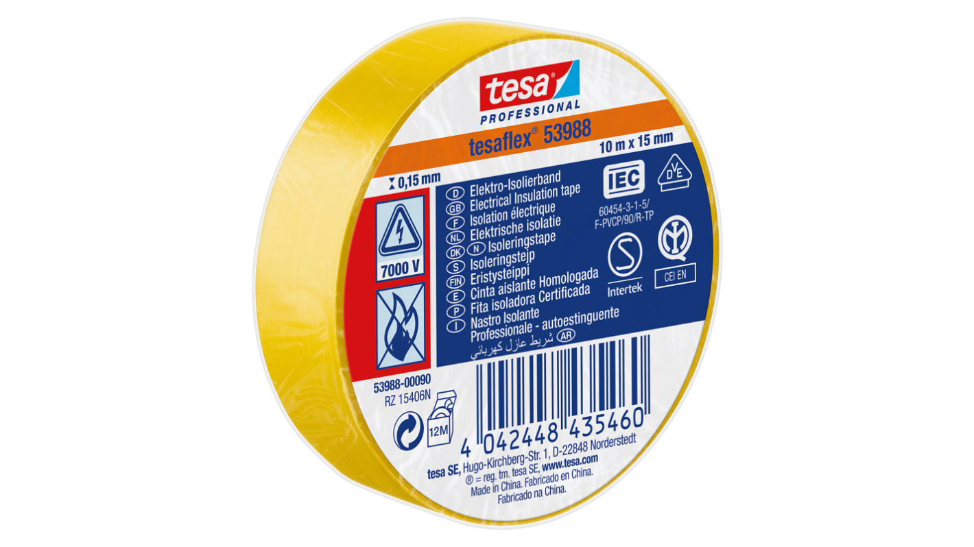 Tesa 53988 Yellow Soft PVC Electrical Insulation Tape, 15mm x 10m