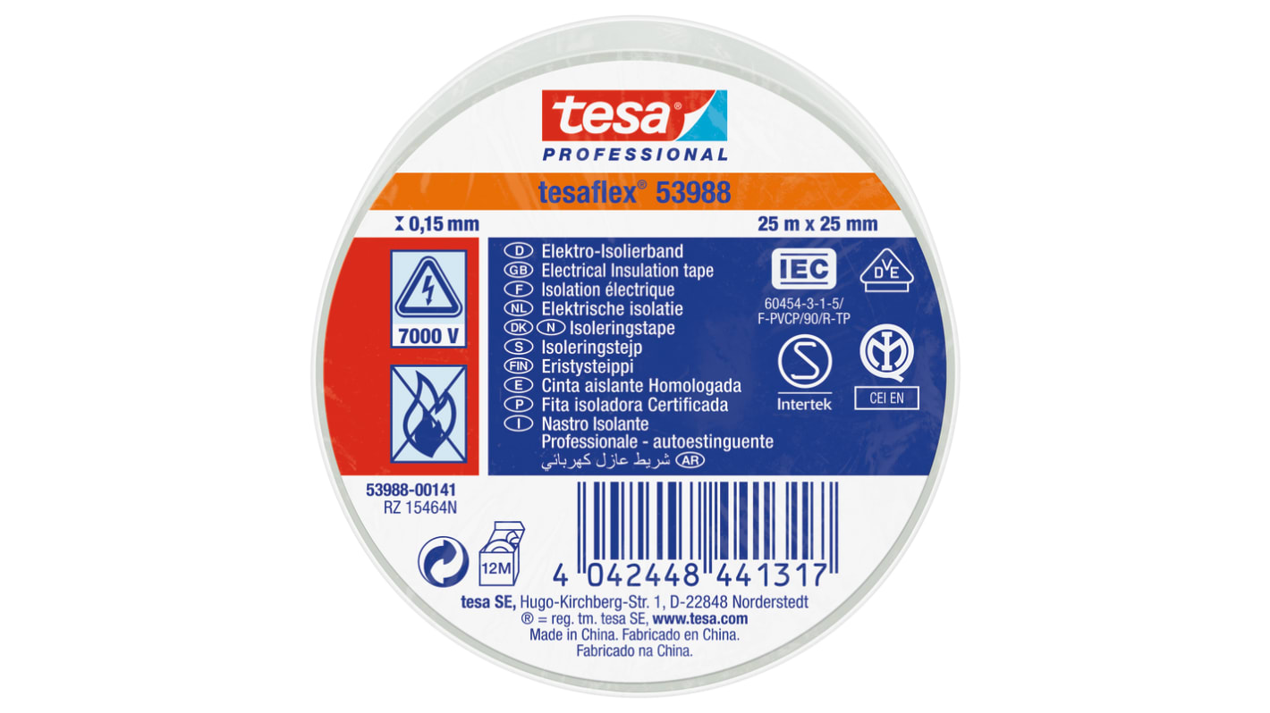 Tesa 53988 White Soft PVC Electrical Insulation Tape, 25mm x 25m