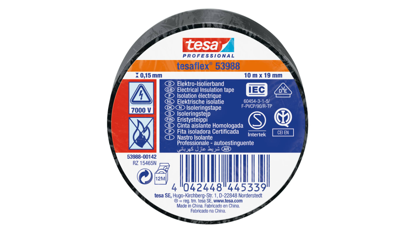 Tesa Tesa 53988 Weich-PVC Isolierband Schwarz, Stärke 150mm x 19mm x 10m bis +90°C