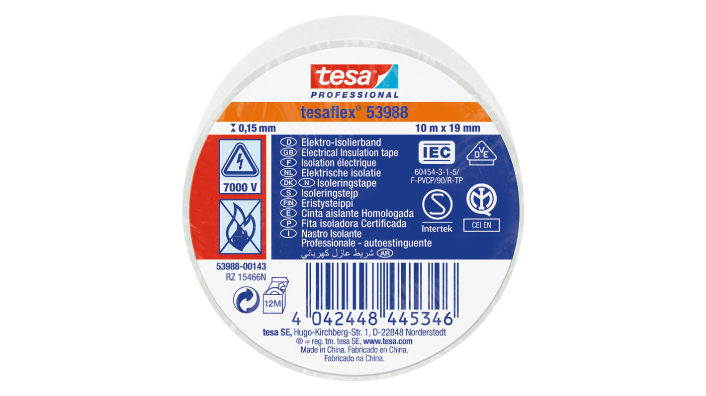 Tesa 53988 White Soft PVC Electrical Insulation Tape, 19mm x 10m