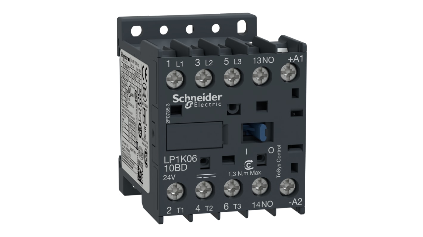 Contattore Schneider Electric, serie LP1K, 3 poli, 3 NA, 6 A, 2,2 kW, bobina 24 V c.c.