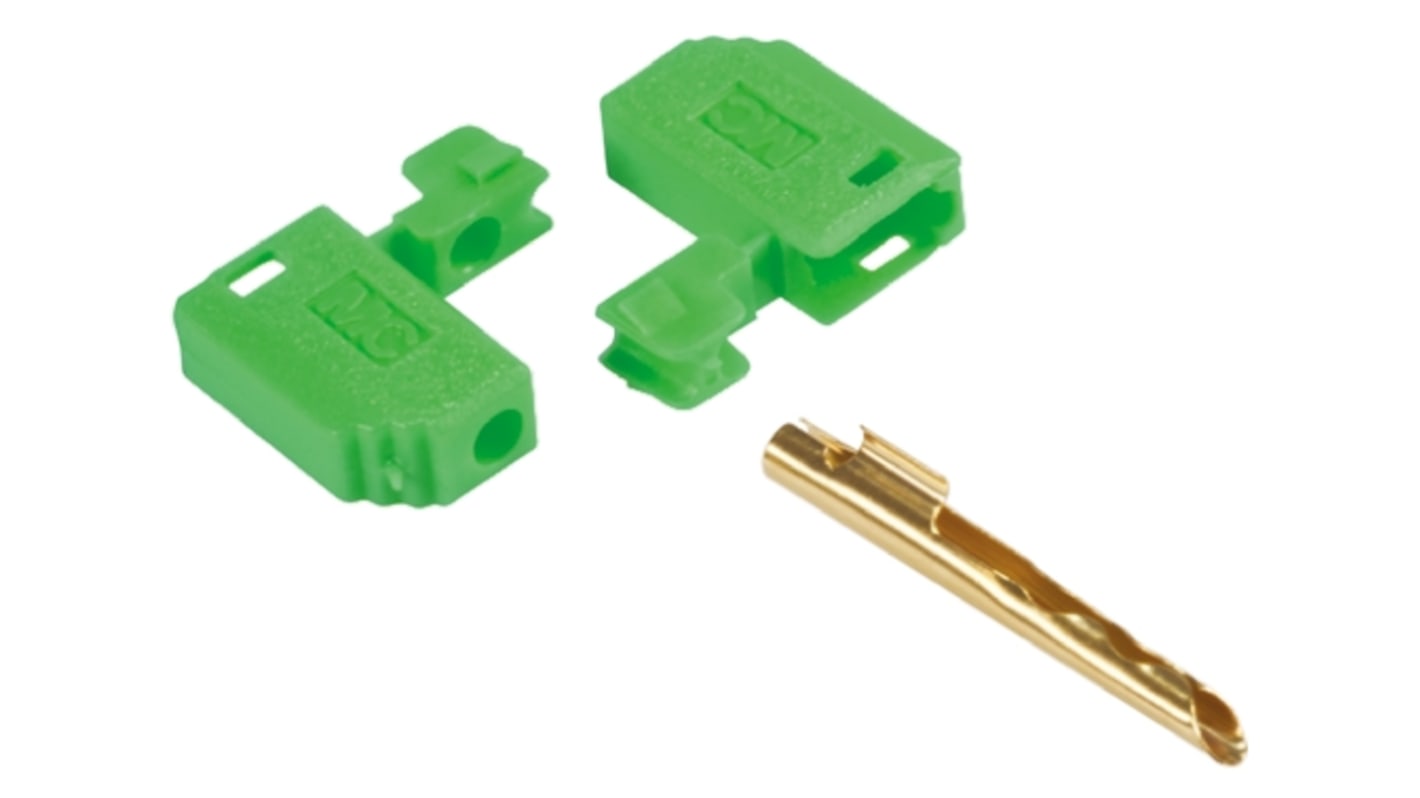 Staubli Green Male Test Plug, 2mm Connector, Solder Termination, 10A, 30 V, 60V dc, Gold, Nickel Plating