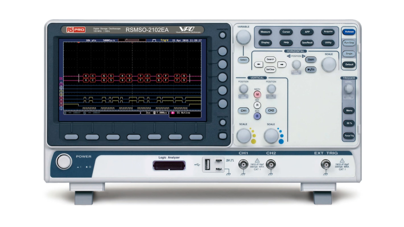 Oscilloscopio Da banco RS PRO RSMSO-2102EA, 2 ch. analogici, 16 ch. digitali, 100MHz, Cert. LAT