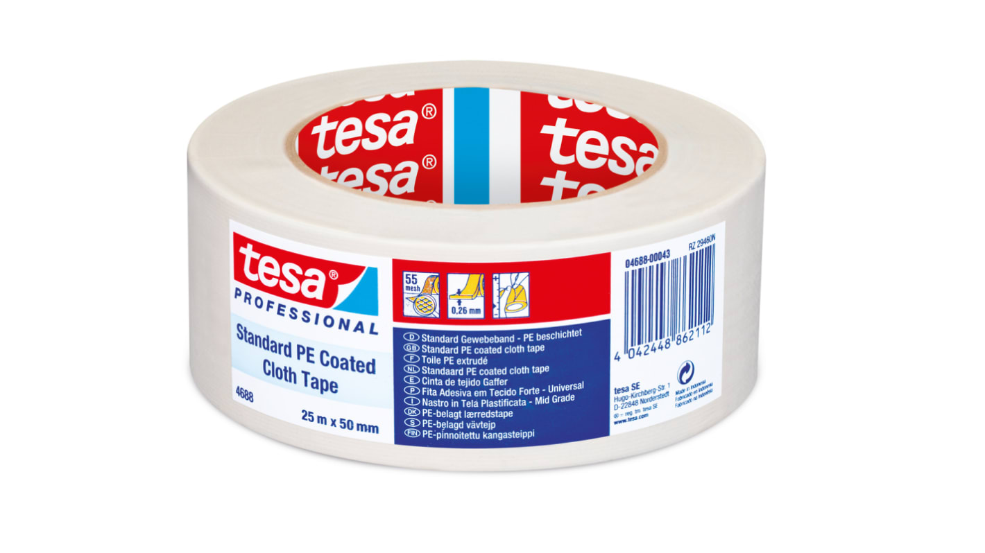 Cinta adhesiva de tela, Tejido de PE extruído Tesa 04688-00043 de color Blanco, 50 x 25, grosor 0.26mm