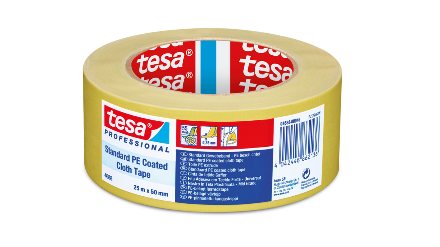 Cinta adhesiva de tela, Tejido de PE extruído Tesa 04688-00045 de color Amarillo, 50 x 25, grosor 0.26mm