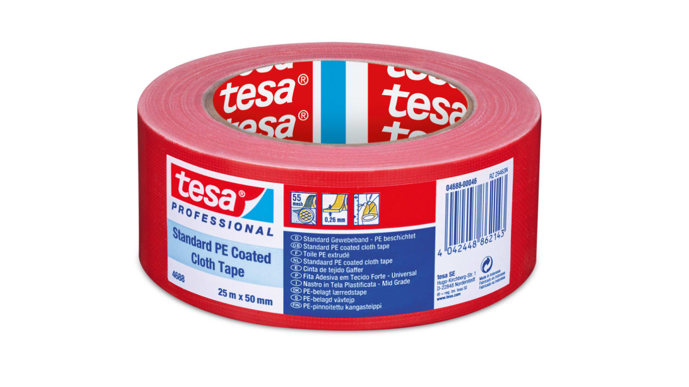 Cinta adhesiva de tela, Tejido de PE extruído Tesa 04688-00046 de color Rojo, 50 x 25, grosor 0.26mm