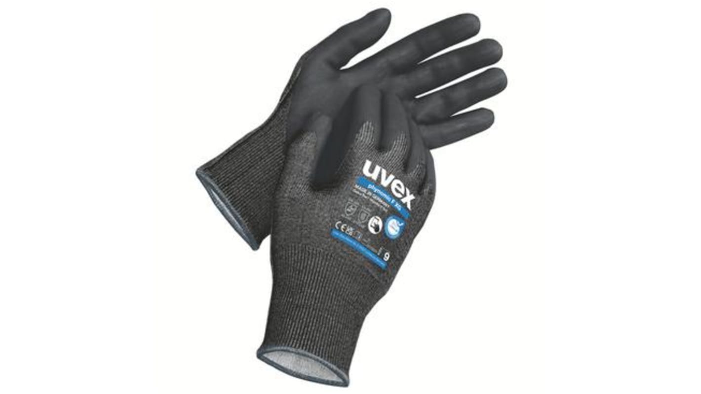 Uvex phynomic F XG Black Elastane, HPPE, Polyamide, Steel Cut Resistant Work Gloves, Size 7, Aqua Polymer Coating