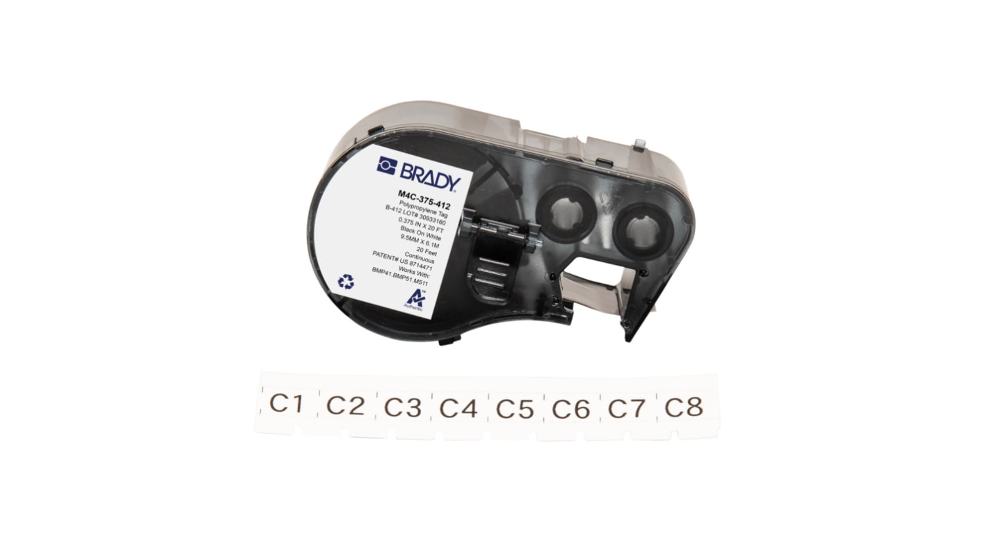 Brady 白底黑字标签打印机标签纸, 聚丙烯, 9.53mm, 用于BMP41, BMP51, BMP53, M511, M410, M510, B-412系列