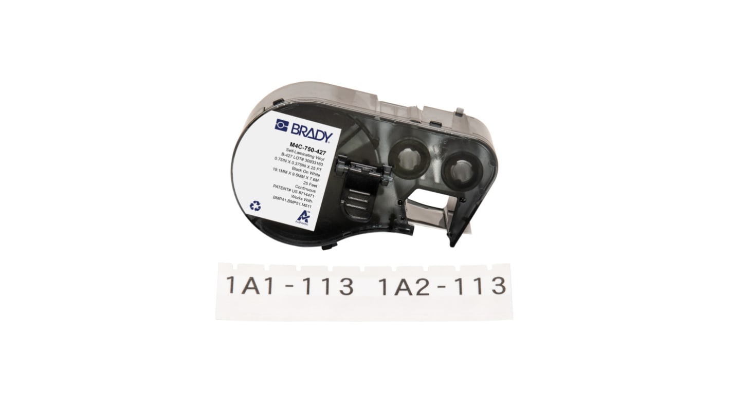 Brady B-427 on Black on White, Transparent Label, 19.05 mm Width, 9.53mm Label Width