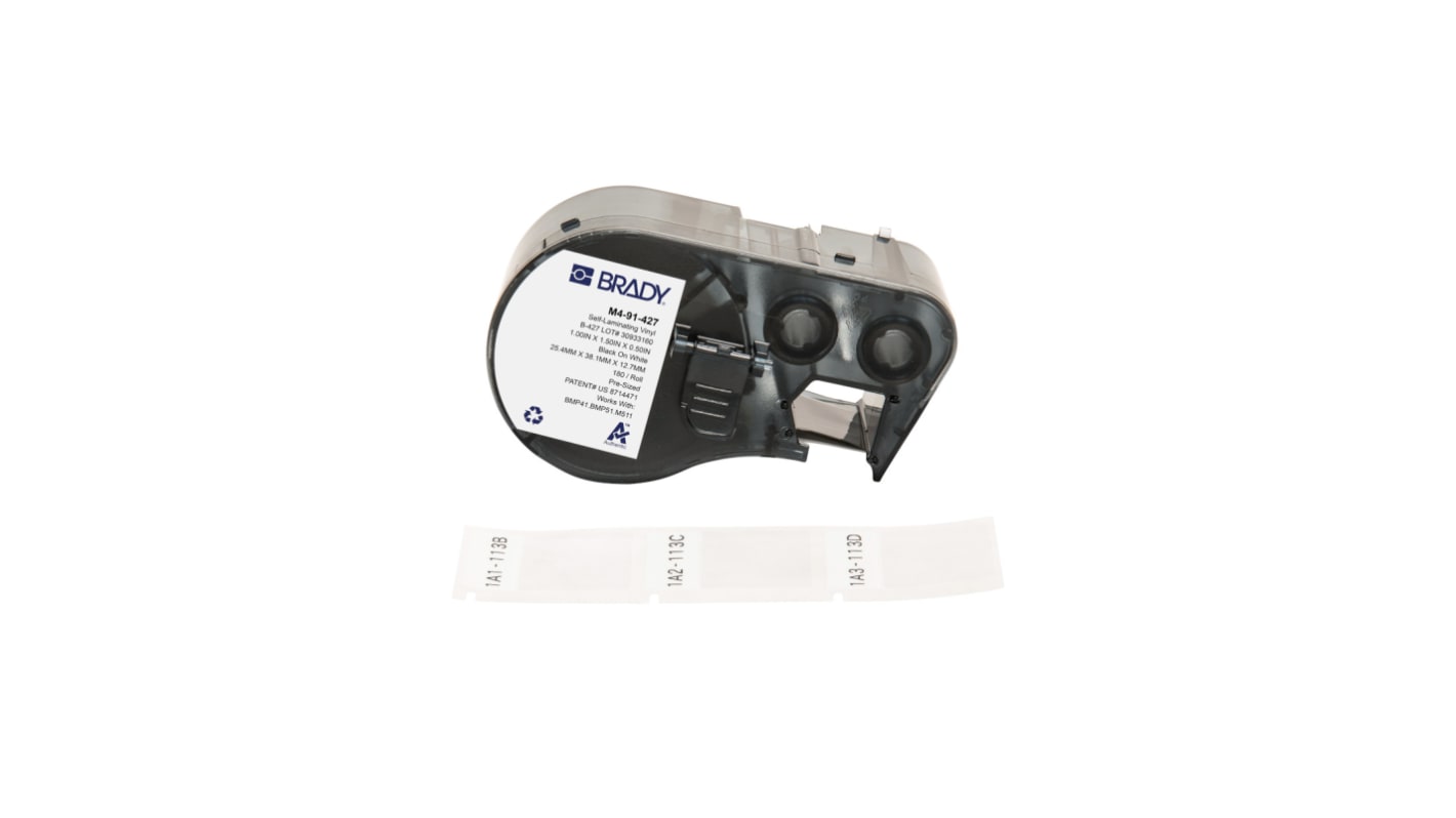 Brady B-427 on Black on White, Transparent Label, 25.40 mm Width, 25.40mm Label Width