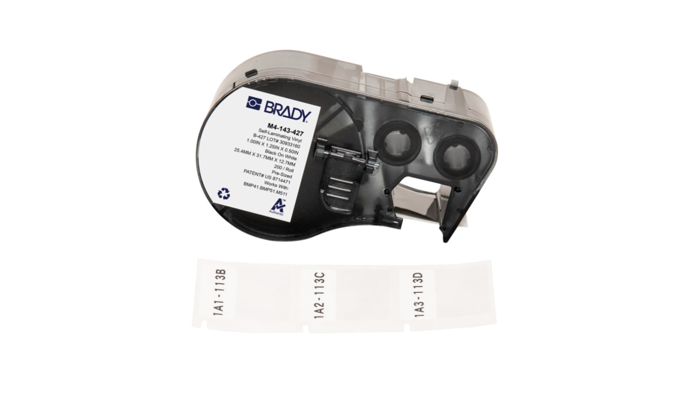 Brady B-427 on Black on White, Transparent Label, 25.40 mm Width, 25.40mm Label Width