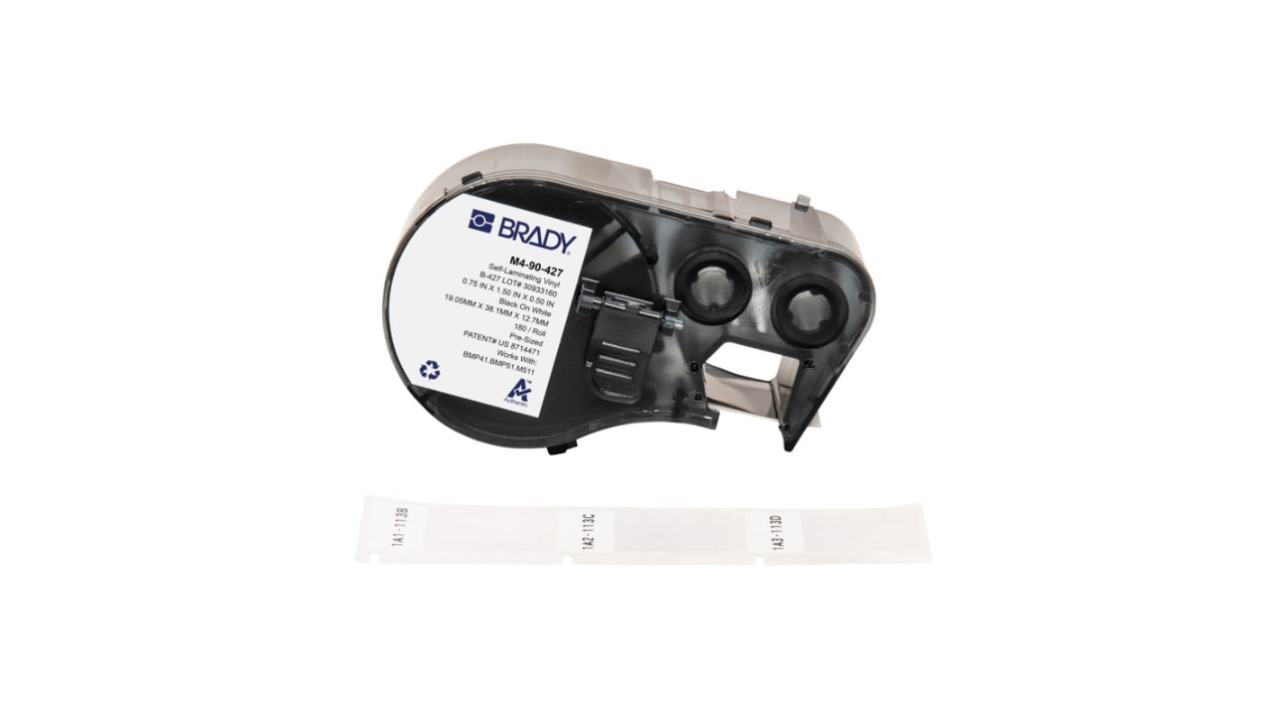 Brady B-427 on Black on White, Transparent Label, 19.05 mm Width, 19.05mm Label Width