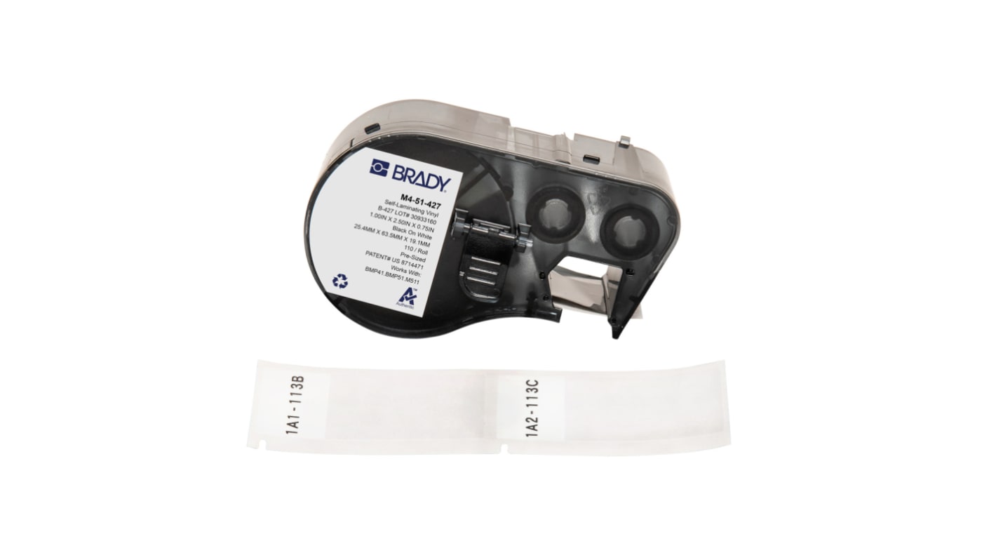 Brady B-427 on Black on White, Transparent Label, 25.40 mm Width, 25.40mm Label Width