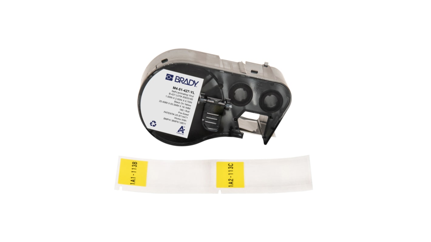 Brady B-427 on Black on Yellow, Transparent Label, 25.40 mm Width, 25.40mm Label Width