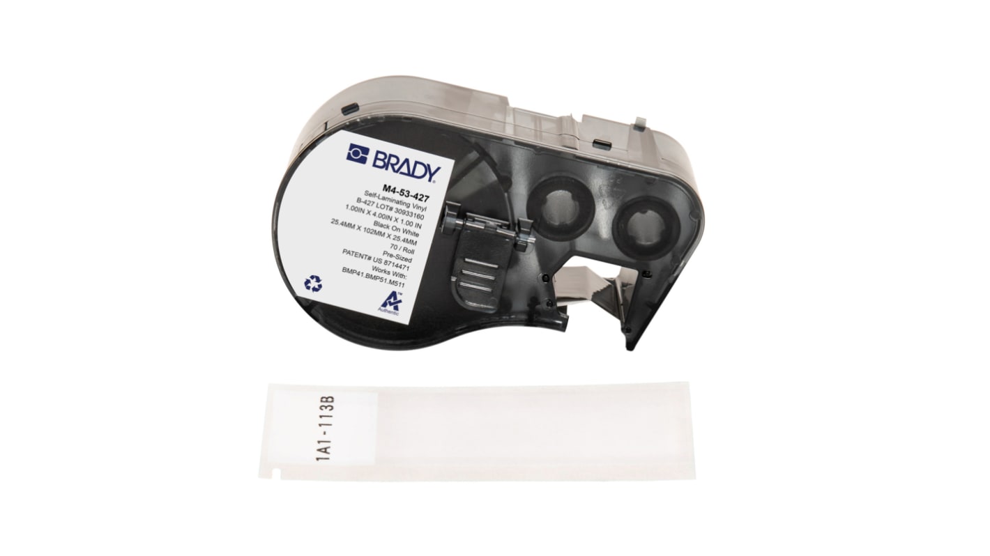Brady B-427 on Black on White, Transparent Label, 25.40 mm Width, 25.40mm Label Width