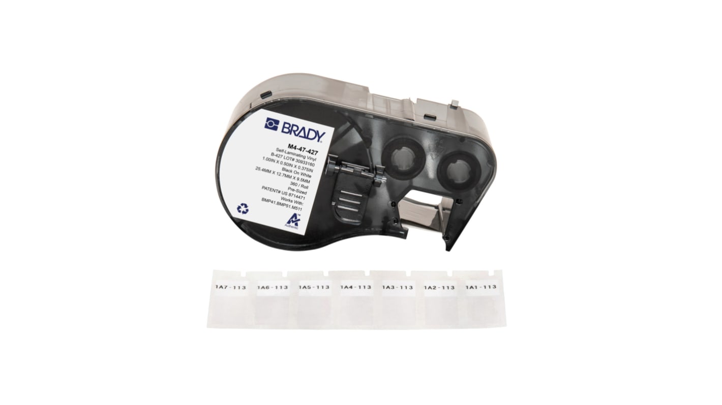 Brady B-427 on Black on White, Transparent Label, 12.70 mm Width, 12.70mm Label Width