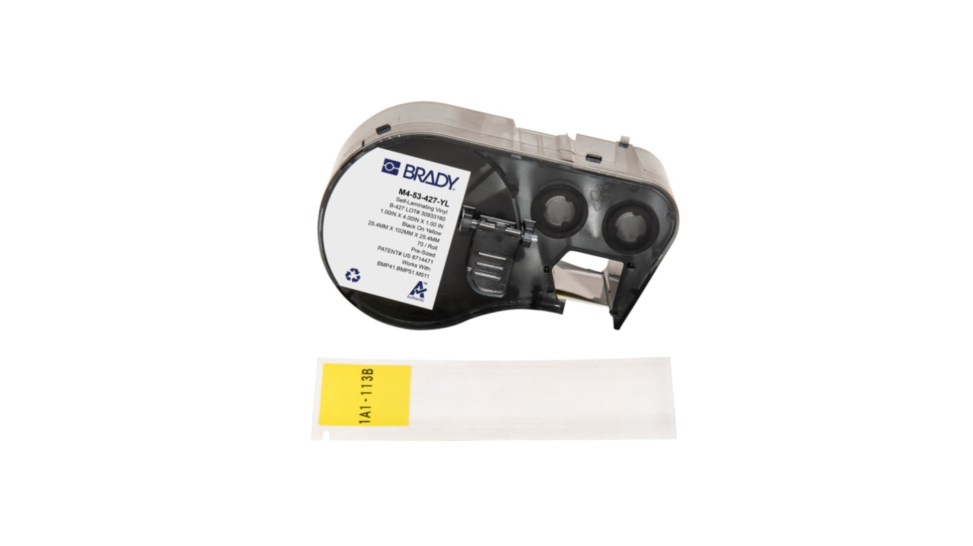 Brady B-427 on Black on Yellow, Transparent Label, 25.40 mm Width, 25.40mm Label Width