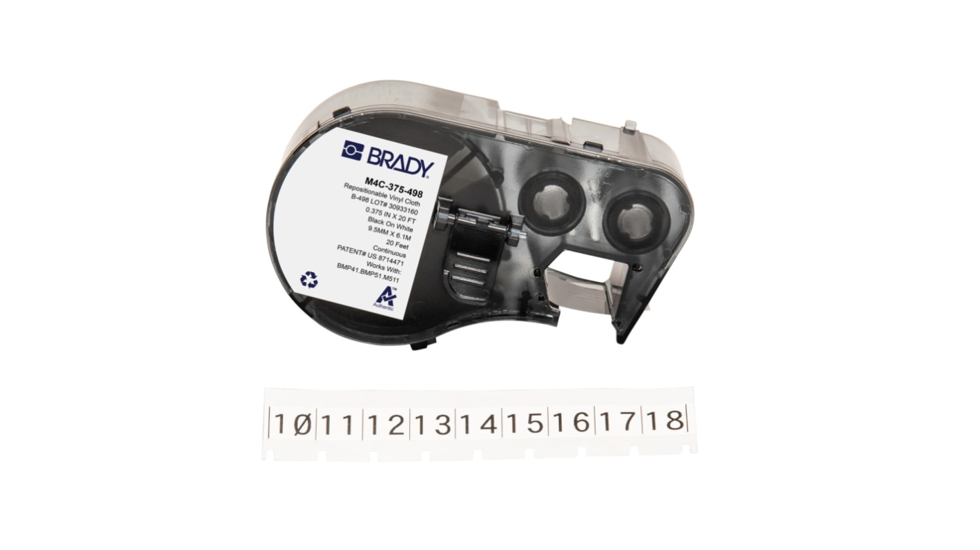 Brady 标签, 白底黑字底, 9.53 mm宽, 用于BMP41, BMP51, BMP53, M511, M410, M510打印机, B-498系列