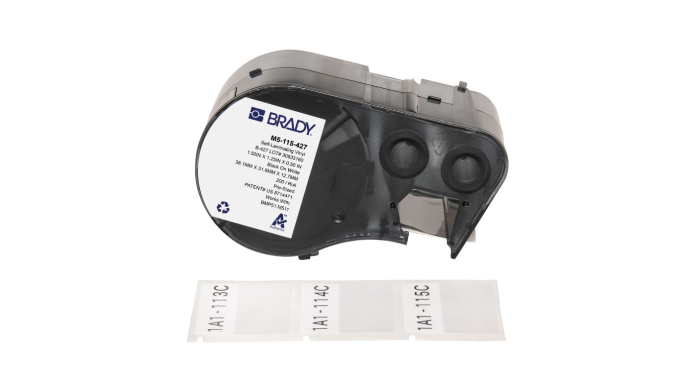Brady B-427 on Black on White, Transparent Label, 38.10 mm Width, 38.10mm Label Width