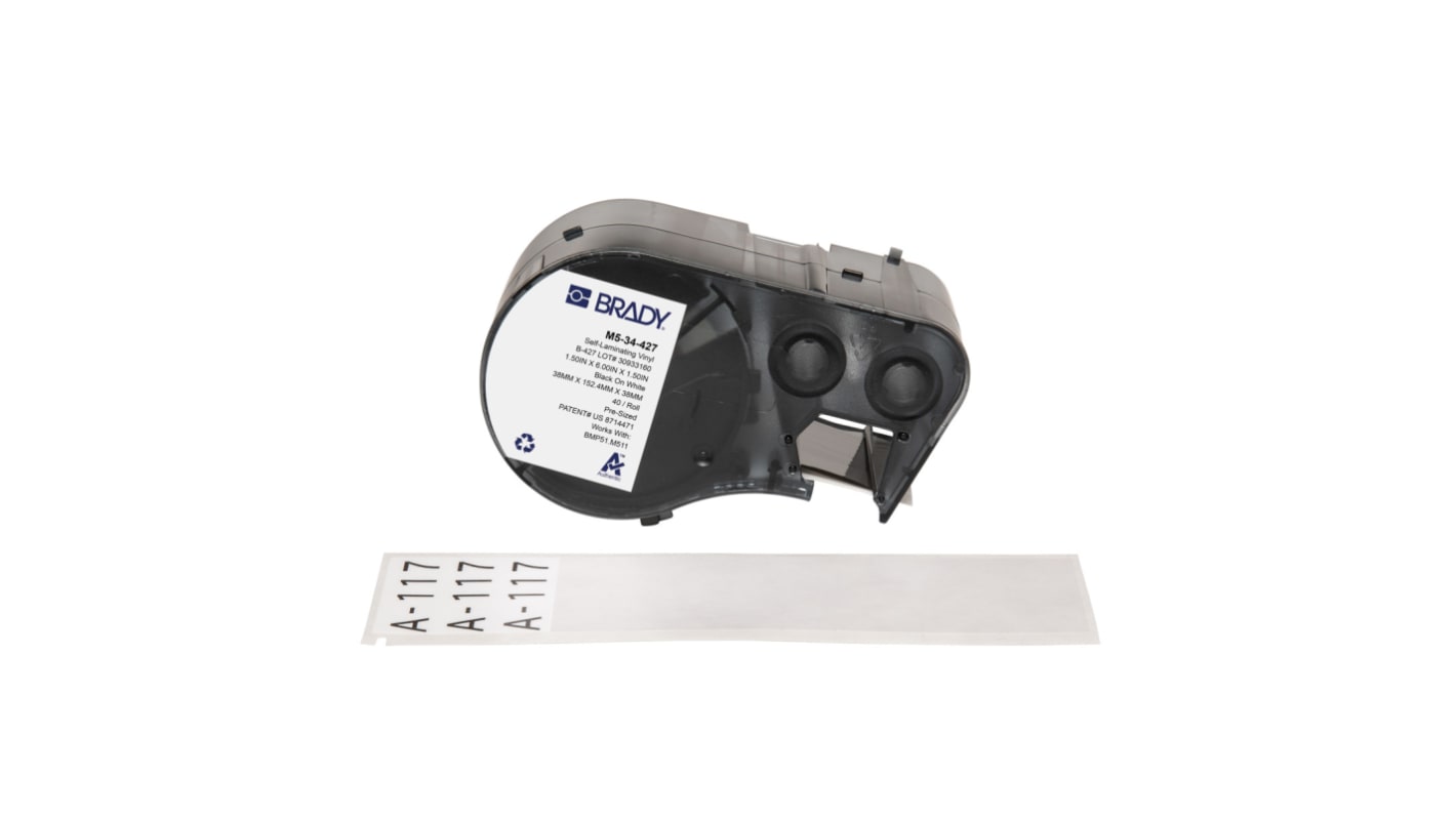 Brady B-427 on Black on White, Transparent Label, 38.10 mm Width, 38.10mm Label Width