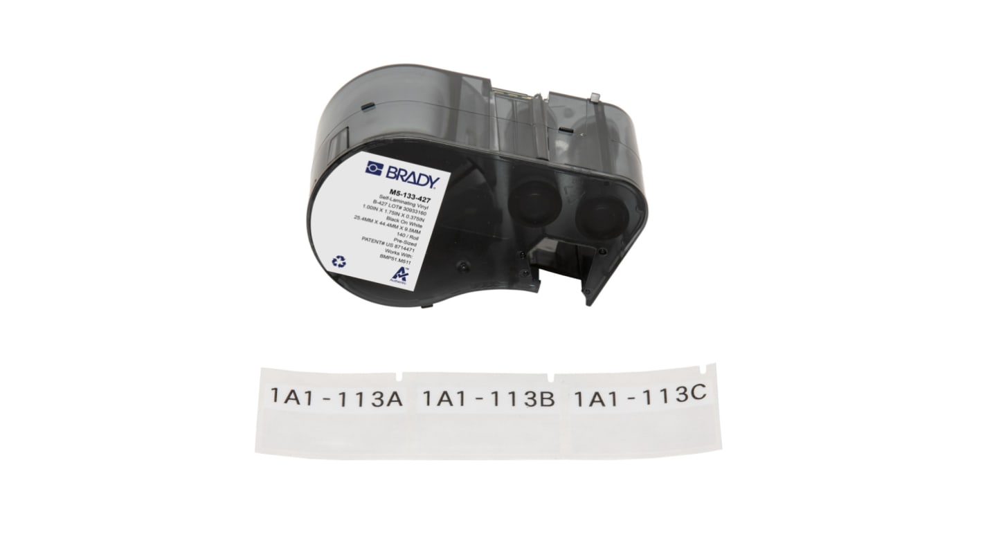 Brady B-427 on Black on White, Transparent Label, 44.45 mm Width, 38.10mm Label Width