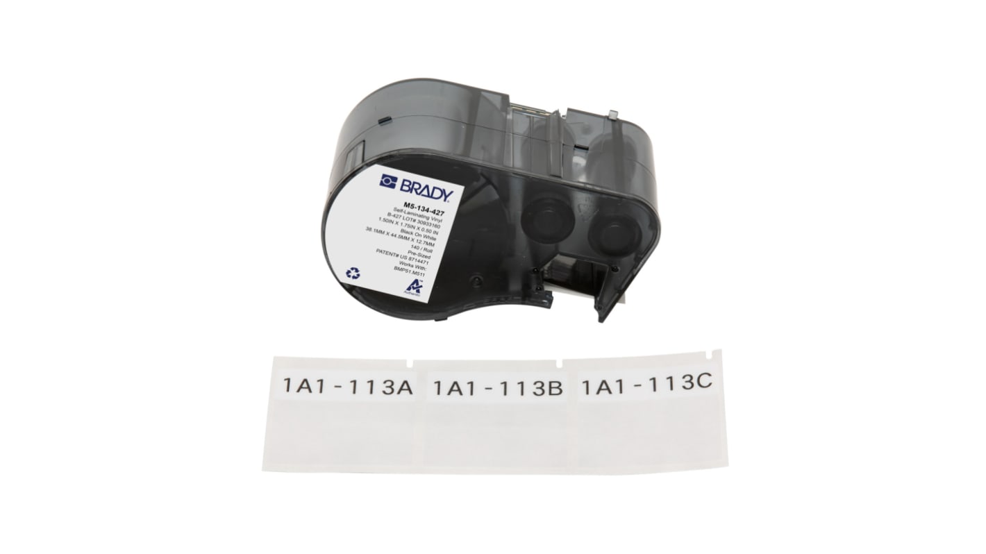 Brady B-427 on Black on White, Transparent Label, 44.45 mm Width, 44.45mm Label Width