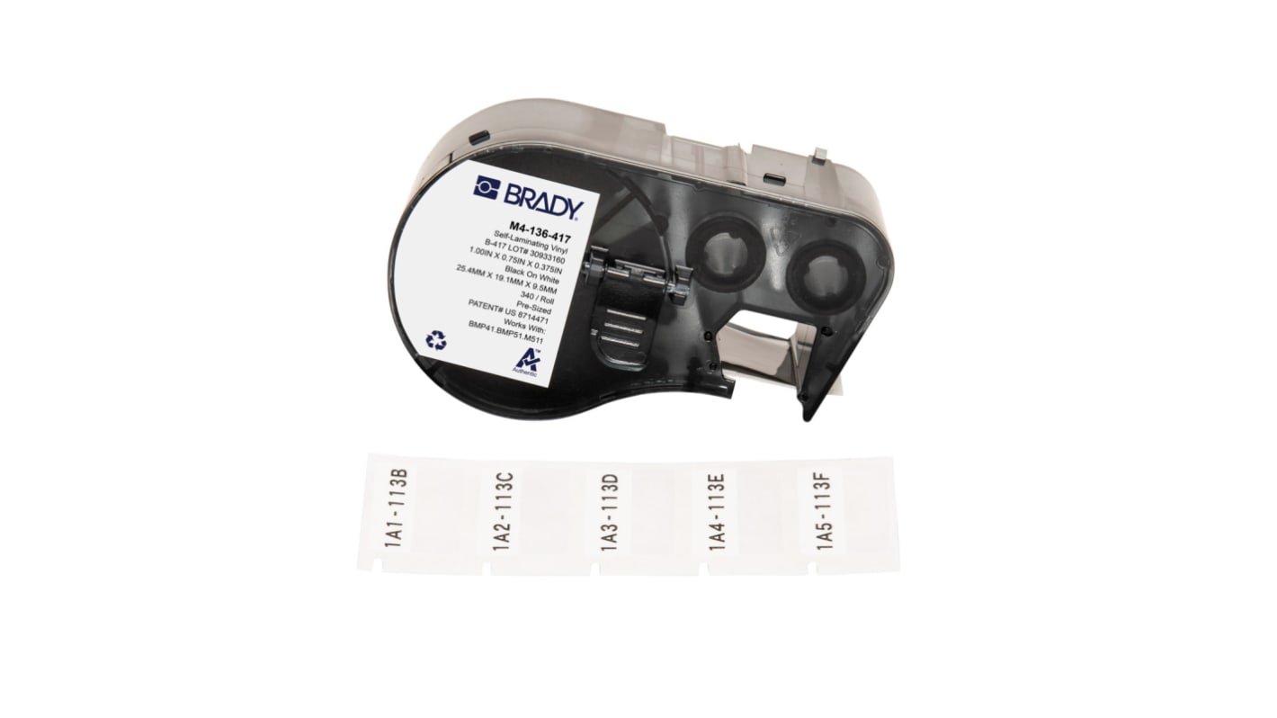 Brady B-417 on Black on White, Transparent Label, 25.40 mm Width, 25.40mm Label Width