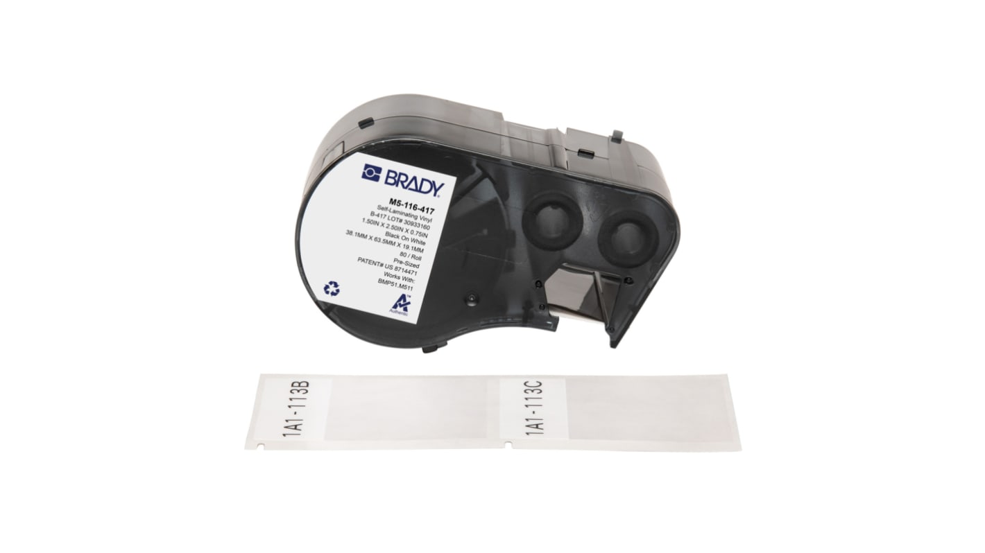 Brady B-417 on Black on White, Transparent Label, 38.10 mm Width, 38.10mm Label Width