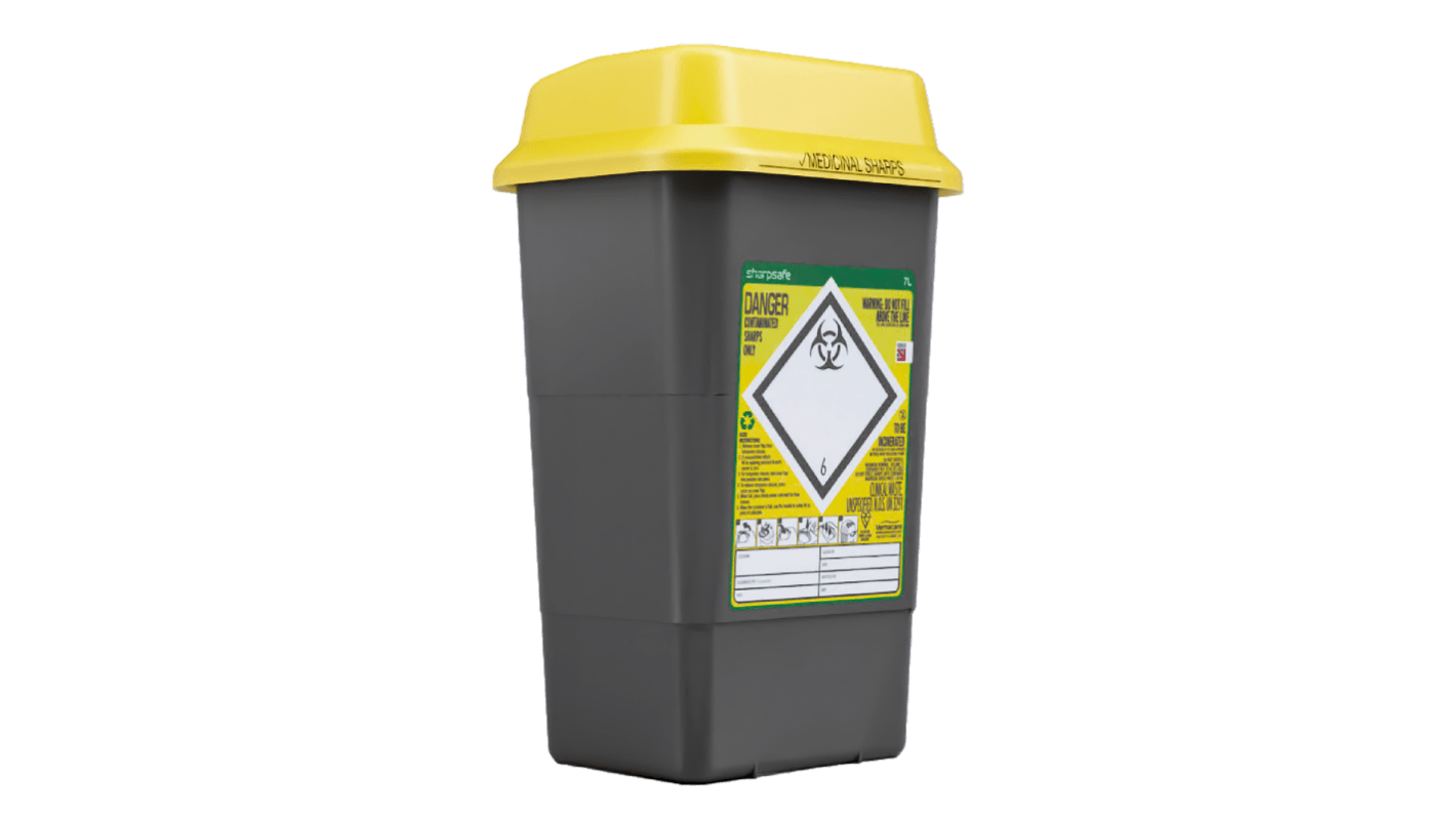 RS PRO 7L Yellow Snap On Polypropylene Waste Bin