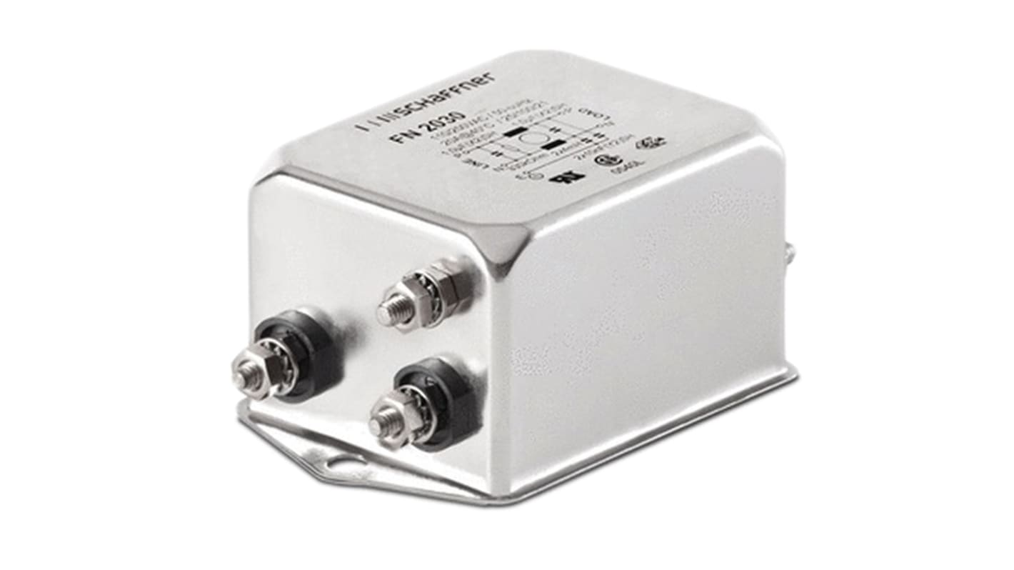 Schaffner 单相EMI滤波器, 10A, 250 V 交流/直流, 400Hz, 底盘安装, Fast-On接端, 一阶, FN2030系列